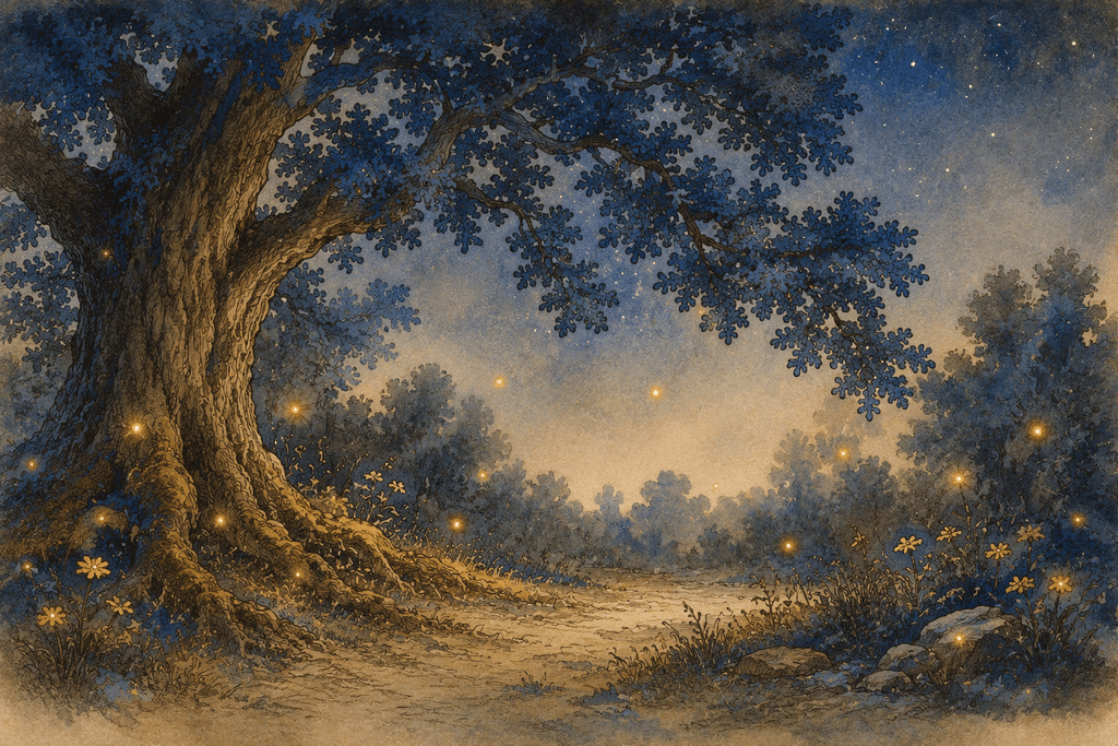 A twilight forest where a great oak spreads over a winding path beneath a star-filled sky, with golden fireflies drifting among wildflowers.
