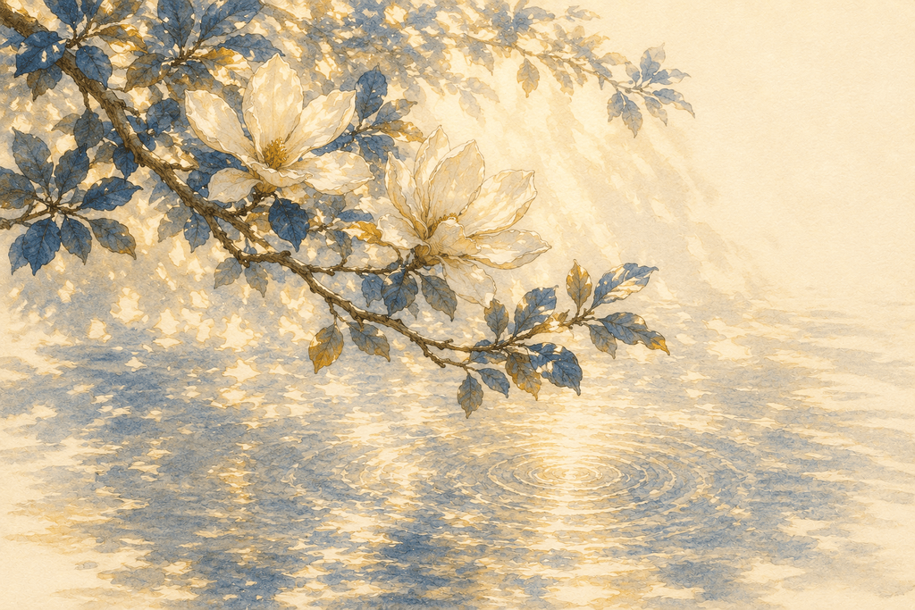 A flowering branch of pale blossoms and blue-gold leaves arching over still water, where concentric ripples spread across the sunlit surface.