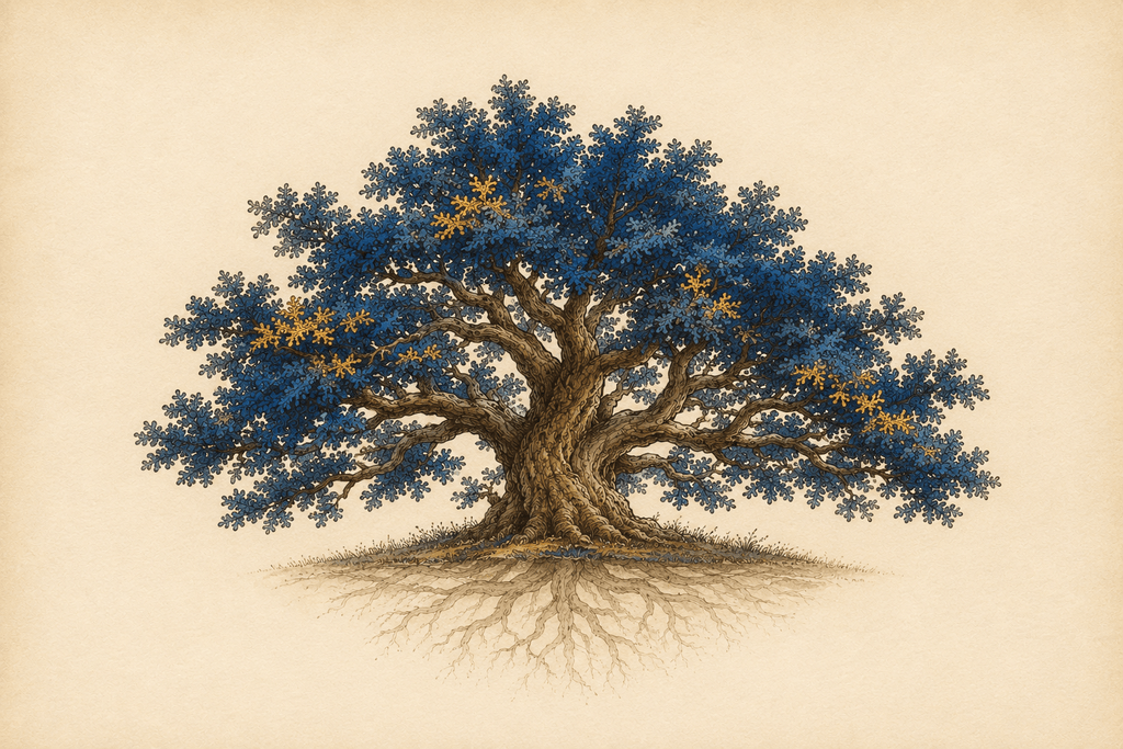 An ancient oak with sapphire-blue and antique-gold leaves, its roots mirroring its branches below the ground.