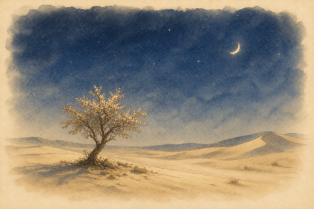A lone blossoming tree rooted in moonlit desert sand beneath a starlit sky and a slender crescent moon, with dunes rolling to the horizon.