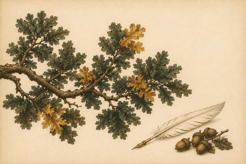 A botanical study of an oak branch with green and amber leaves laid beside a white quill pen and a cluster of acorns.